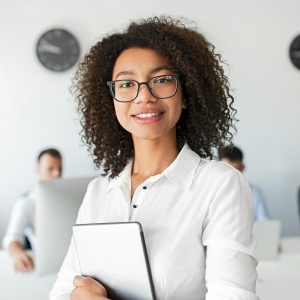 Black business consultant smiling for camera